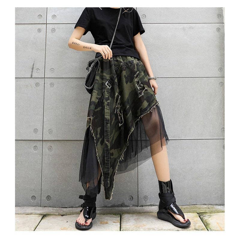 Camouflage Elastic Waist Mesh Patchwork A-Line Skirt for wholesale on Faire2