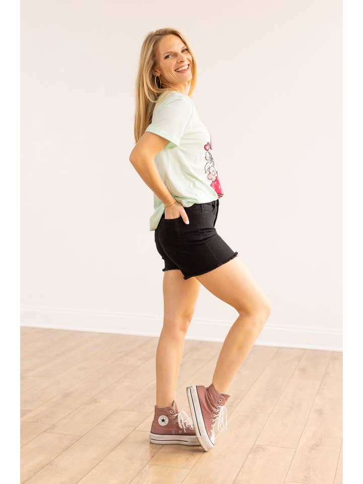 The Lola Black Distress Denim Shorts for wholesale on Faire