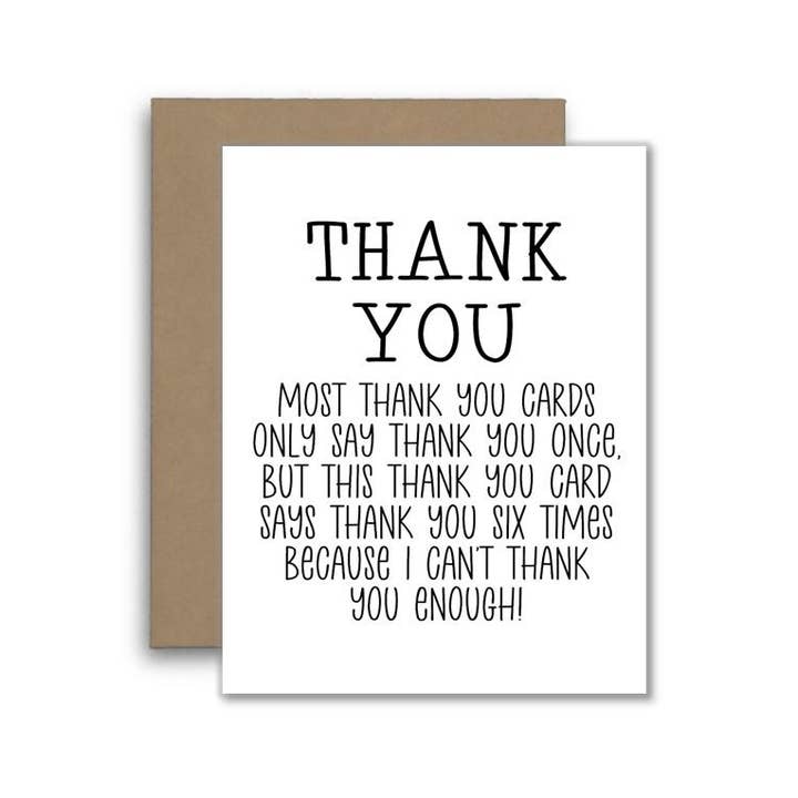 Funny Thank You Card – Repeated Gratitude Thanks for wholesale by North Star Rustics Greetings