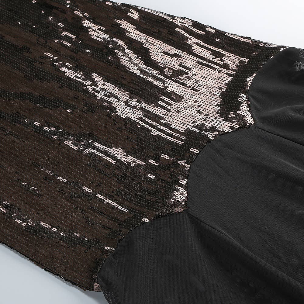 Marrón oscuro+Negro Vestido de noche elegante DR579 con cuello alto y lentejuelas translúcidas de venta al por mayor en Faire12