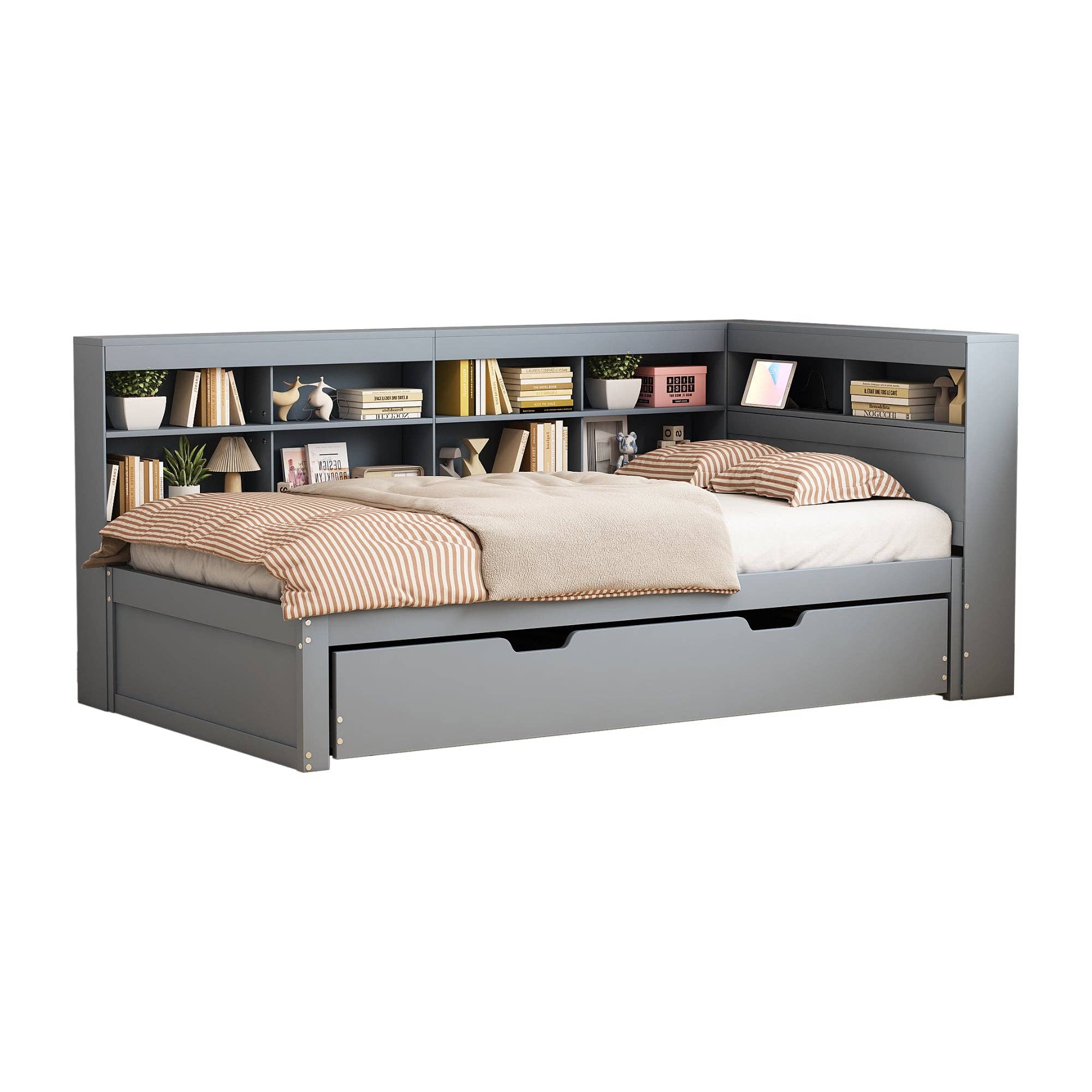 Urban Meuble - Wholesale Bed - Solid wood trundle bed gray 90*200 with USB port and multiple storage GIRCAET1