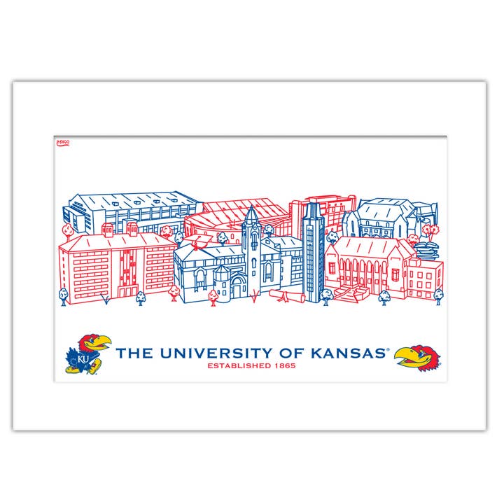Kansas Jayhawks Mattiertes Campus-Linien-Wandbild 11" x 14" für den Großhandel von Indigo Falls