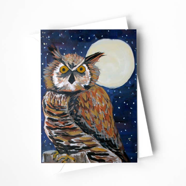 Carte de vœux grand hibou d'cornes pour la vente par Kaley Alie Art