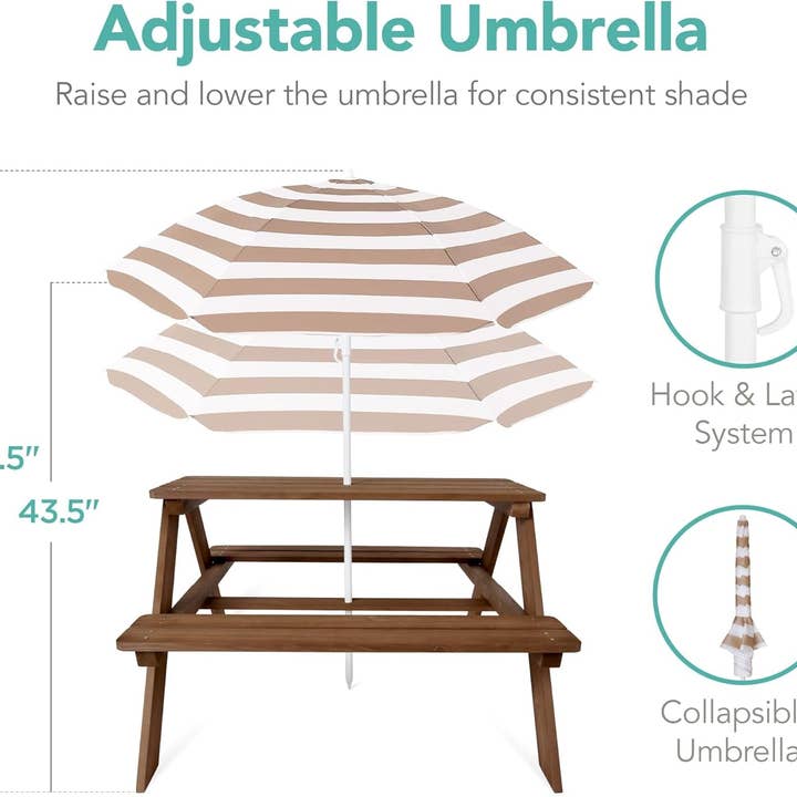 Walnut Wooden Kids Picnic Table With Adjustable Umbrella for wholesale on Faire5