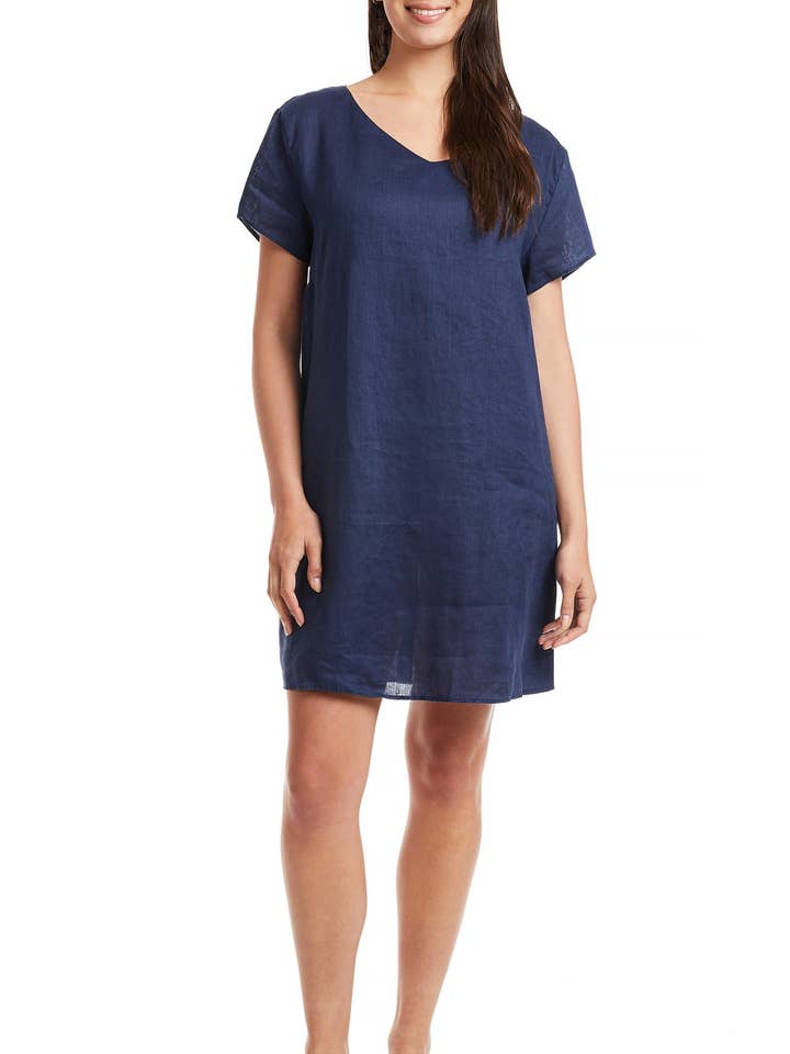 Oceanique-jurk voor dames, marineblauw linnen voor wholesale door Castaway Clothing Nantucket Island
