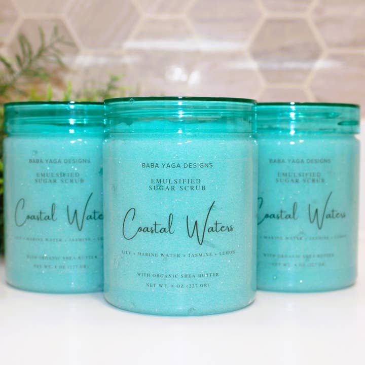 Coastal Waters 8 oz Sugar Scrub, Emulsified Vegan Skin Care for wholesale by Baba Yaga Designs LLC