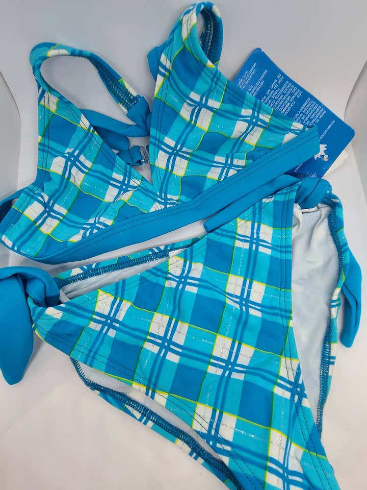 Bikini azul neón a cuadros para niñas adolescentes, traje de baño para venta al por mayor de Sassy Bubbles