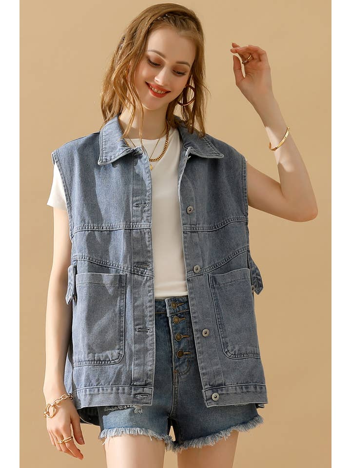 NINEXIS - Wholesale Outerwear Vest - Women's - CWJV0008-B_VINTAGE BUCKELE POCKET COLLAR DENIM VEST