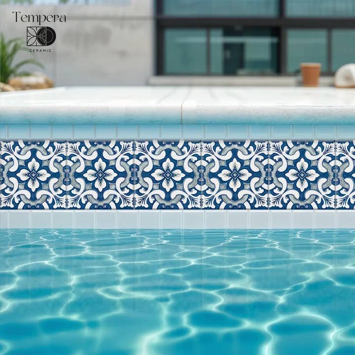 Blue and white floral pool tiles, Mediterranean style tiles for wholesale by Tempera Art