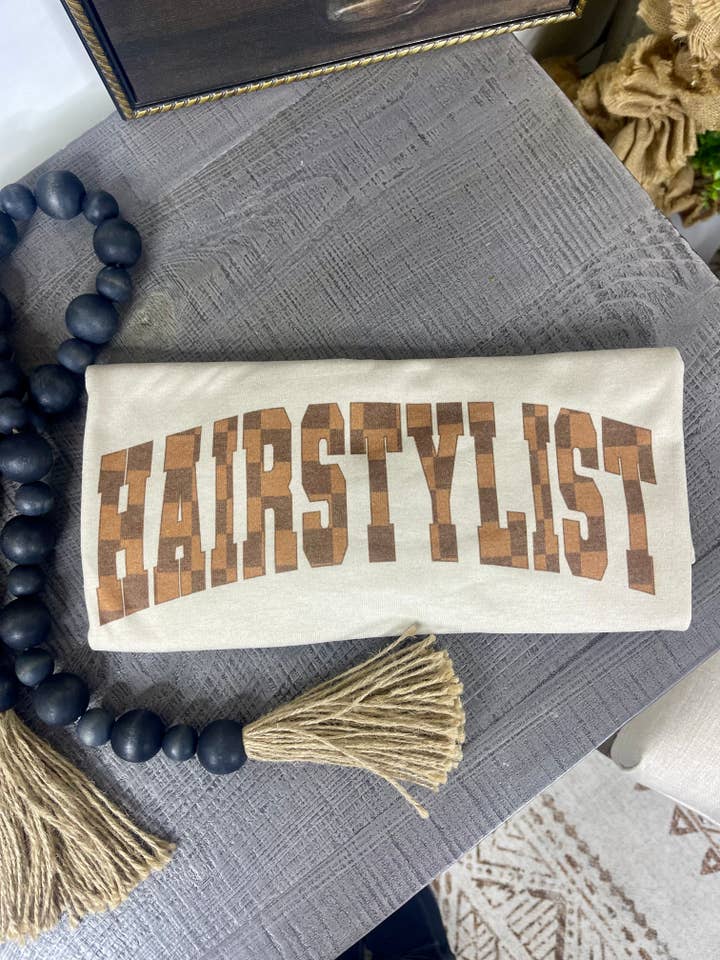 Checkered Tan Hairstylist (Gildan Tee) for wholesale by 1/2 Penny Wholesale