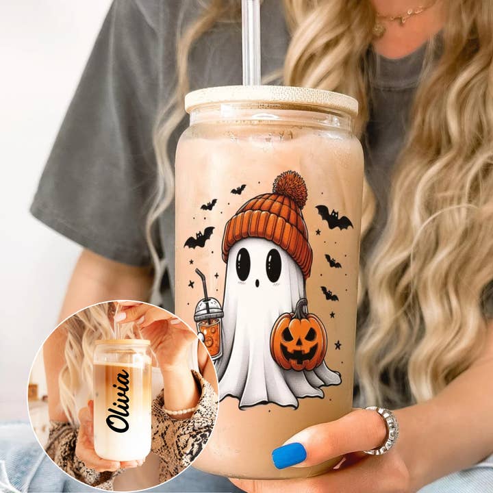 Personalized Halloween Ghost Glass Tumbler for wholesale by SimplyAbloom