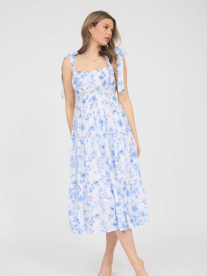 MINE - Wholesale Dress - Women's - FLORAL TIE STRAP TIERED MIDI DRESS