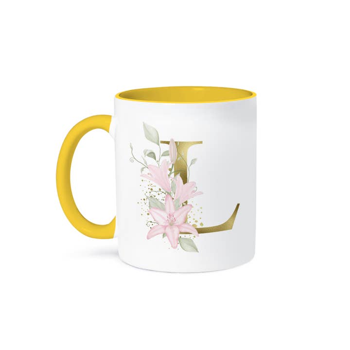 3dRose – wholesale Coffee mug – 3dRose, Pretty Pink Lily Floral Image Of Gold Monogram Initial L, Mug
