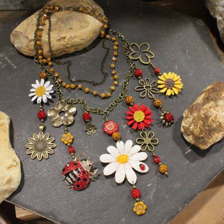 Ladybug Love Flower Charm'd Necklace for wholesale by The Primitive Peddler, Inc.