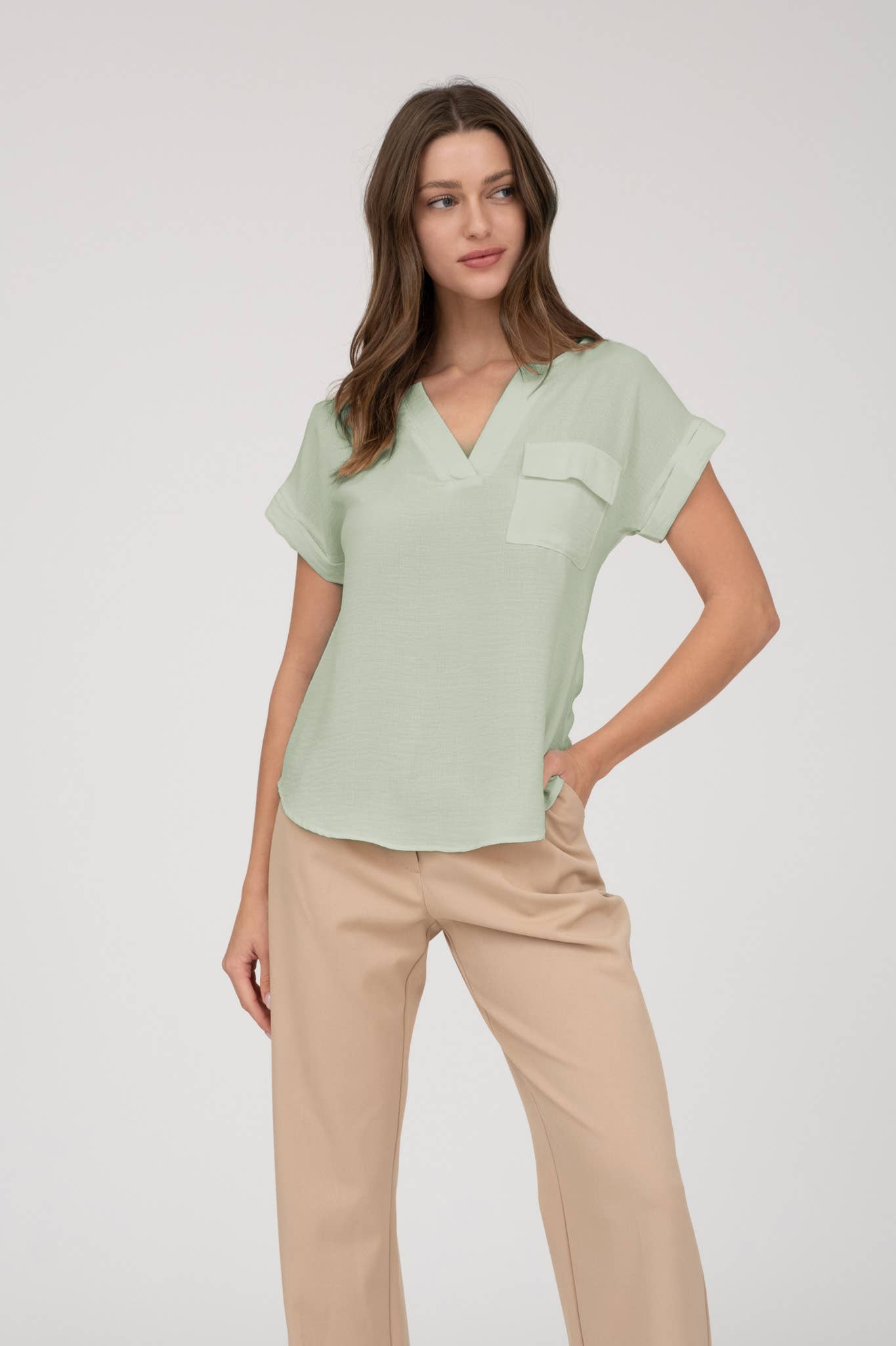 Blu Pepper - Wholesale Blouse - Women's - SPLIT NECK BACK BUTTON SHORT FOLD SLEEVE BLOUSE29