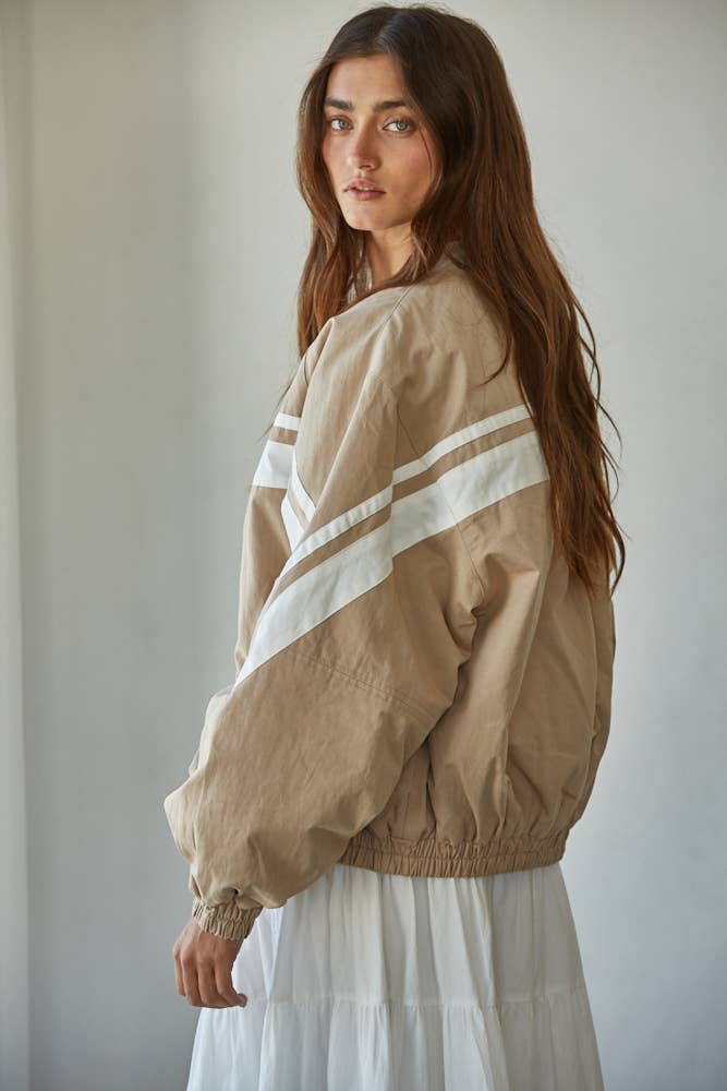 Beige L8723 | Woven Cotton Striped Zip Up Bomber Jacket  for wholesale on Faire1