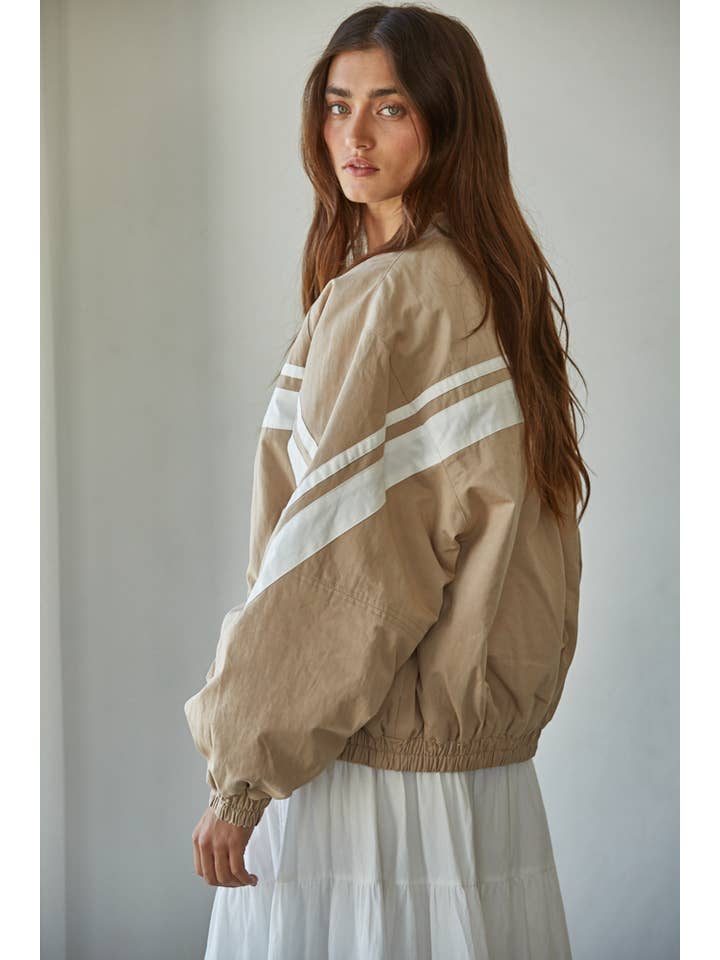 Beige L8723 | Woven Cotton Striped Zip Up Bomber Jacket for wholesale on Faire1