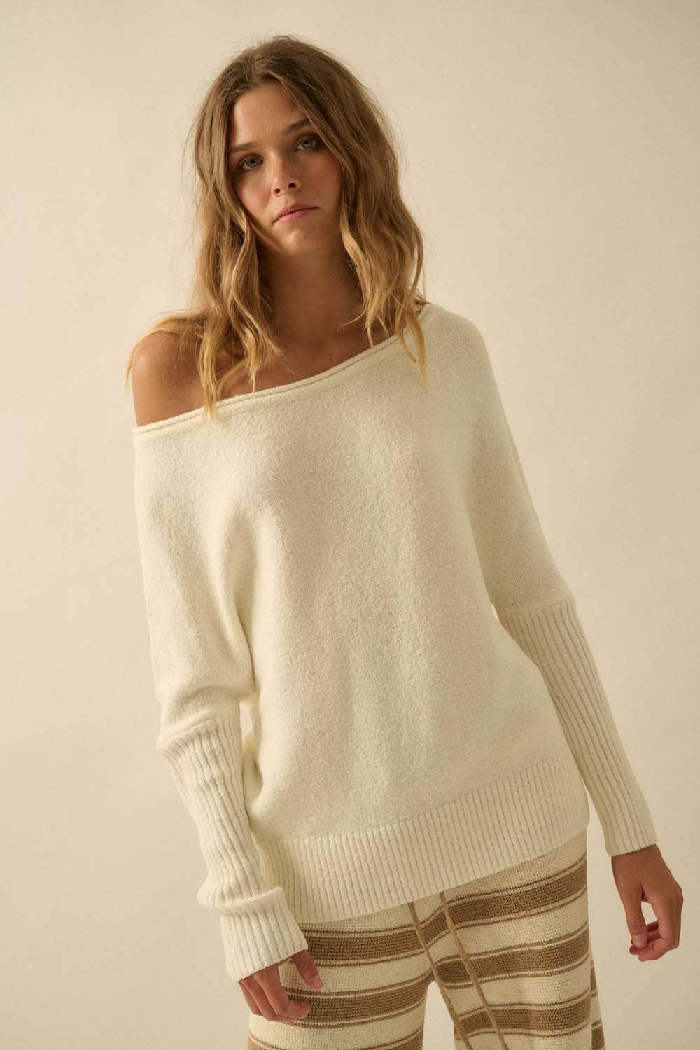Promesa USA - Wholesale Knit Sweater - Women's - Textured Knit One-Shoulder Boatneck Dolman Sweater2