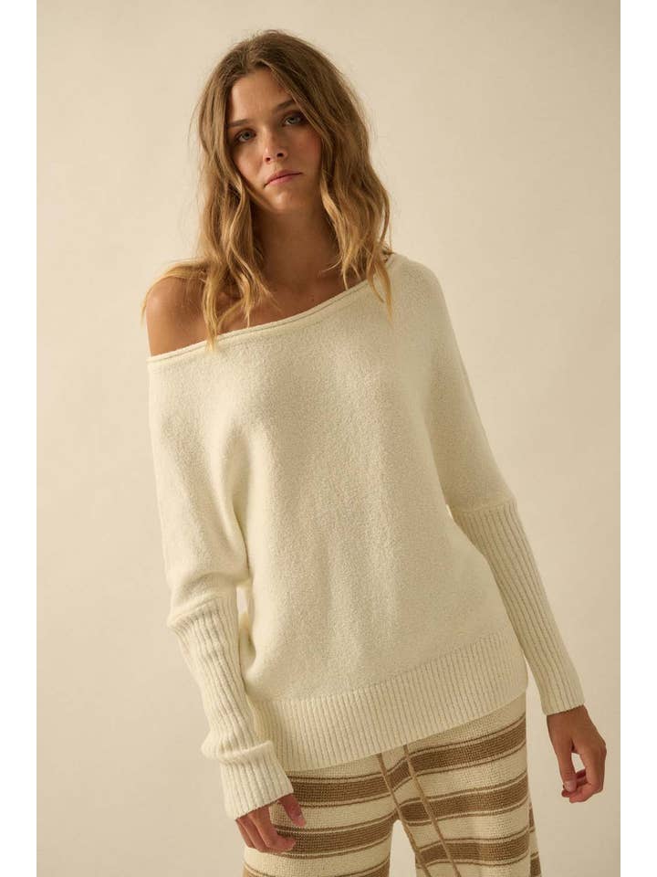 Promesa USA - Wholesale Knit Sweater - Women's - Textured Knit One-Shoulder Boatneck Dolman Sweater2