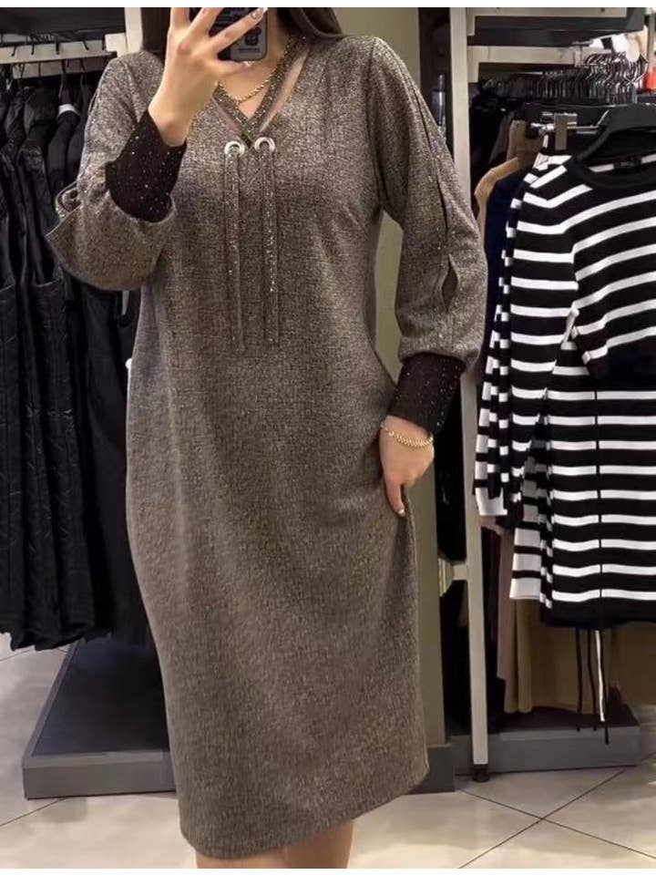 GREY Elegant Midi Dress with Tassel Accent for wholesale on Faire