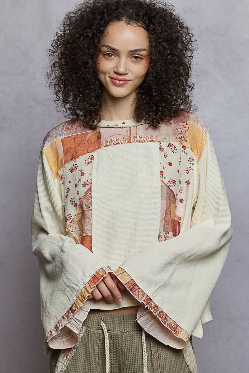 Pol Clothing - Wholesale Blouse - Women's - Long sleeve double gauze printed woven contrast top10