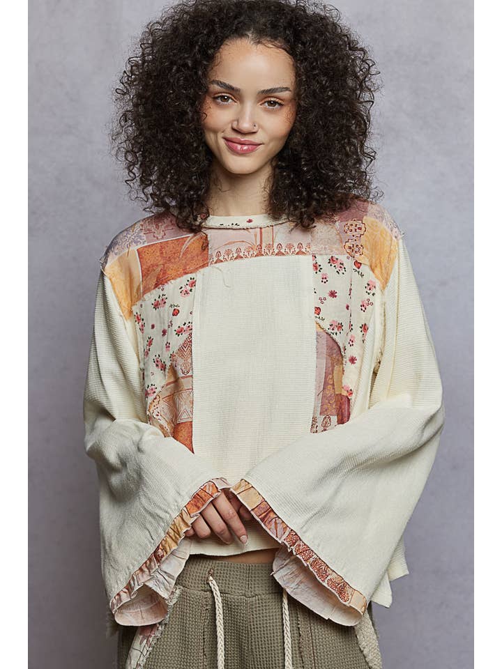 Pol Clothing - Wholesale Blouse - Women's - Long sleeve double gauze printed woven contrast top10