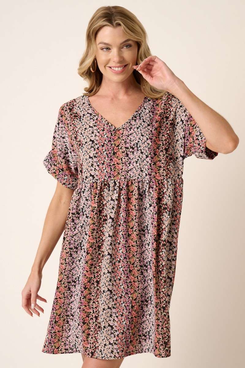 mittoshop - Wholesale Dress - Women's - FLOWER PRINT V NECK BABYDOLL MINI DRESS3