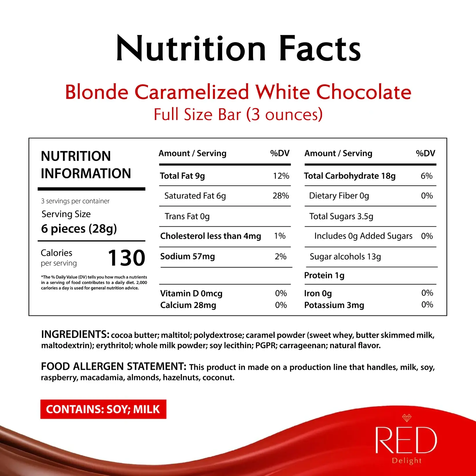 RED Chocolate - Vente Barre chocolatée - Barres de chocolat blanc caramélisé blond RED Delight®™ 3oz6
