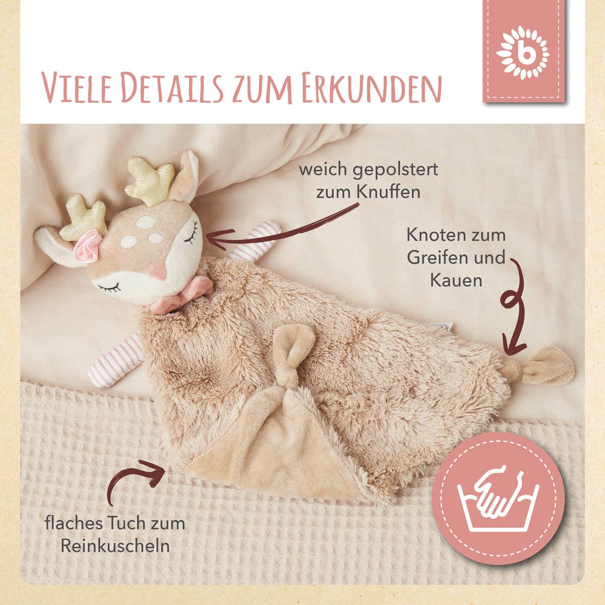 Bieco Spielwaren - Venta al por mayor Peluche - Niños y bebés - Mantita de apego Cuddle Cloth con diseño de ciervo Ella5
