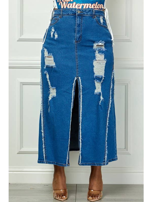 Mezclilla azul Falda de mezclilla regular de talle alto con abertura delantera desgastada de venta al por mayor en Faire5