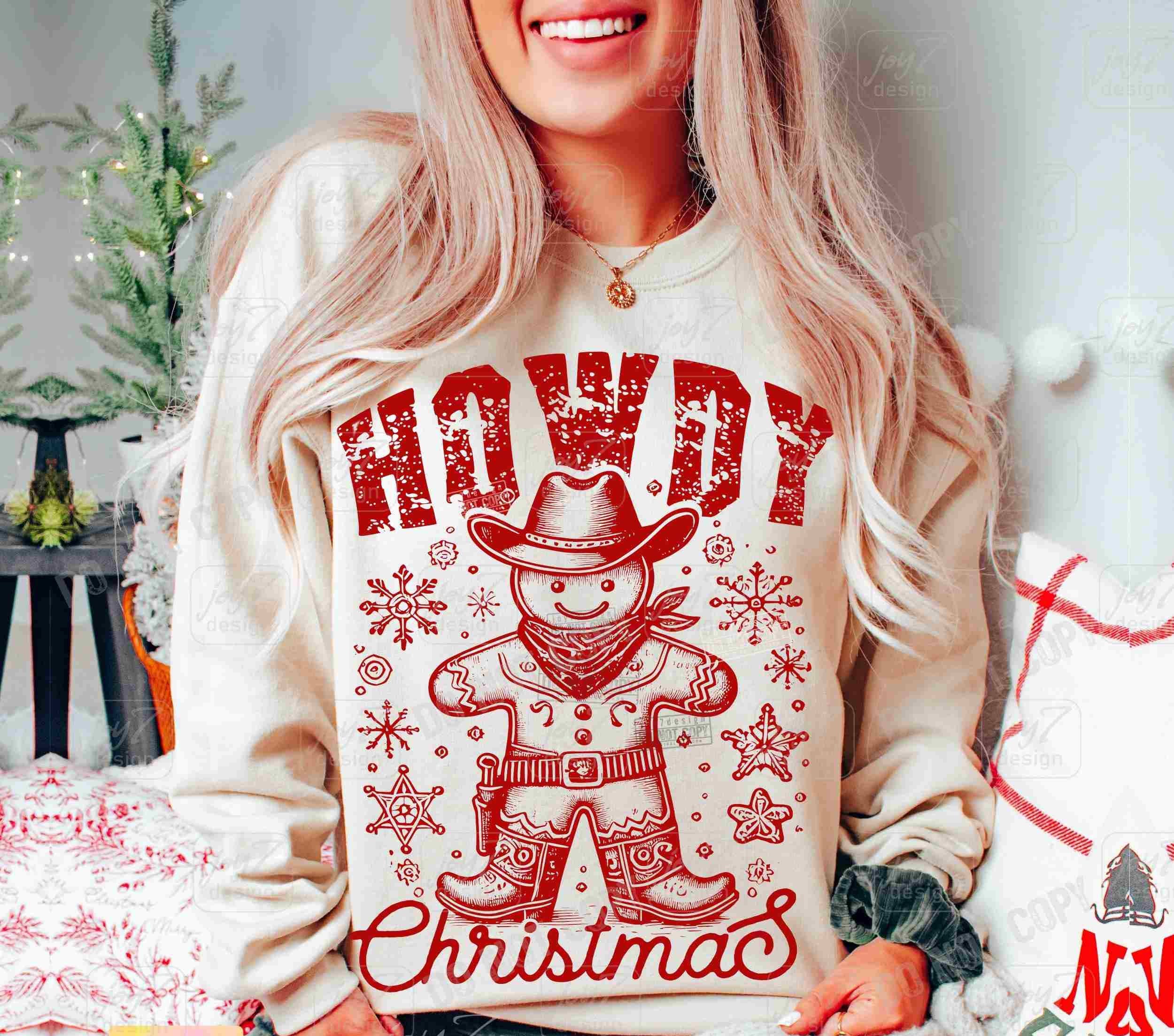 NVC Ecommerce LLC – T-shirt gráfica - Mulher por atacado – Camisola Howdy Christmas, Camisa de Cowboy Gingerbread Man0