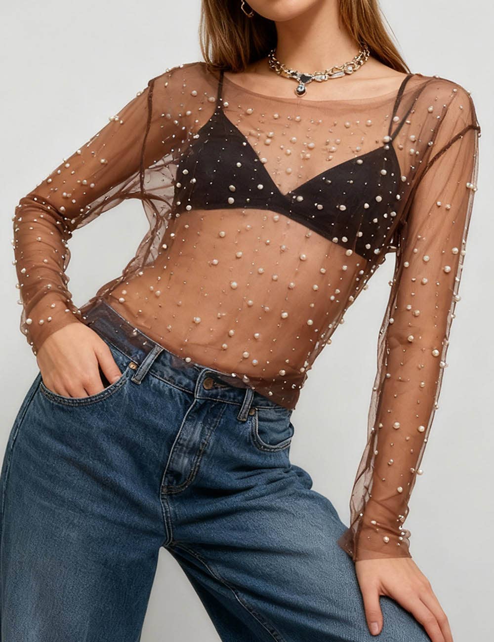 Sweetkama - Wholesale Blouse – Women’s - Pearl Rhinestone Studded See Through Mesh Crop Top SKT19769