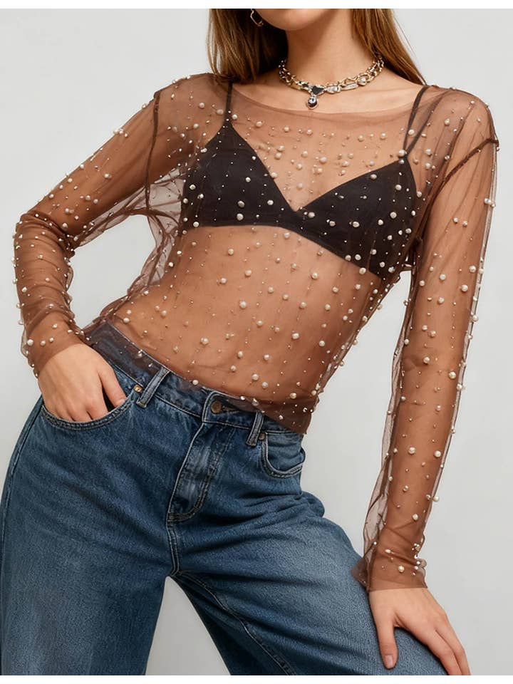 Sweetkama - Wholesale Blouse - Women's - Pearl Rhinestone Studded See Through Mesh Crop Top SKT19769