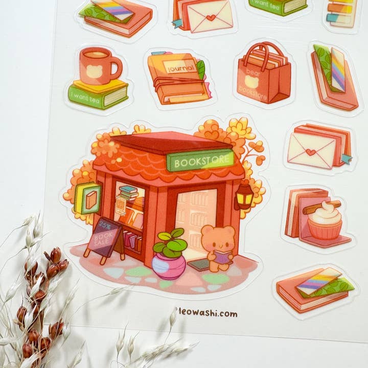 Meowashi Studio - Vendita all'ingrosso Adesivo - Foglio adesivo trasparente Autumn Book Store