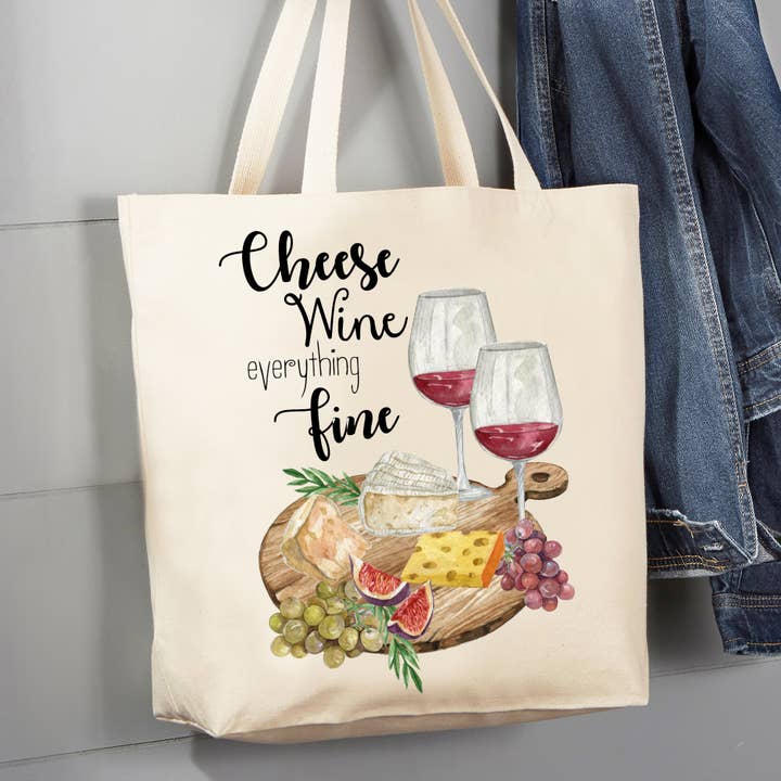 Cheese Wine Everything Fine 12 oz Cotton Tote Bag for wholesale by Avery Lane Gifts