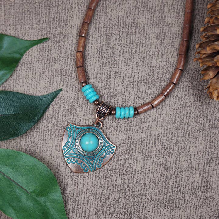 Unisex Boho Turquoise Copper Patina Pendant and Brown Wood Statement Beaded Necklace, 18 or 20 inch for wholesale by Jewelry by Dawn