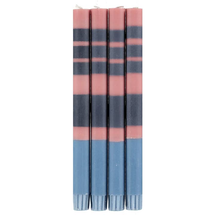 BRITISH COLOUR STANDARD - 25cm / 10'' H Striped Old Rose, Indigo and Pompadour Eco Dinner Candles, Gift Box of 4 for wholesale by British Colour Standard North America