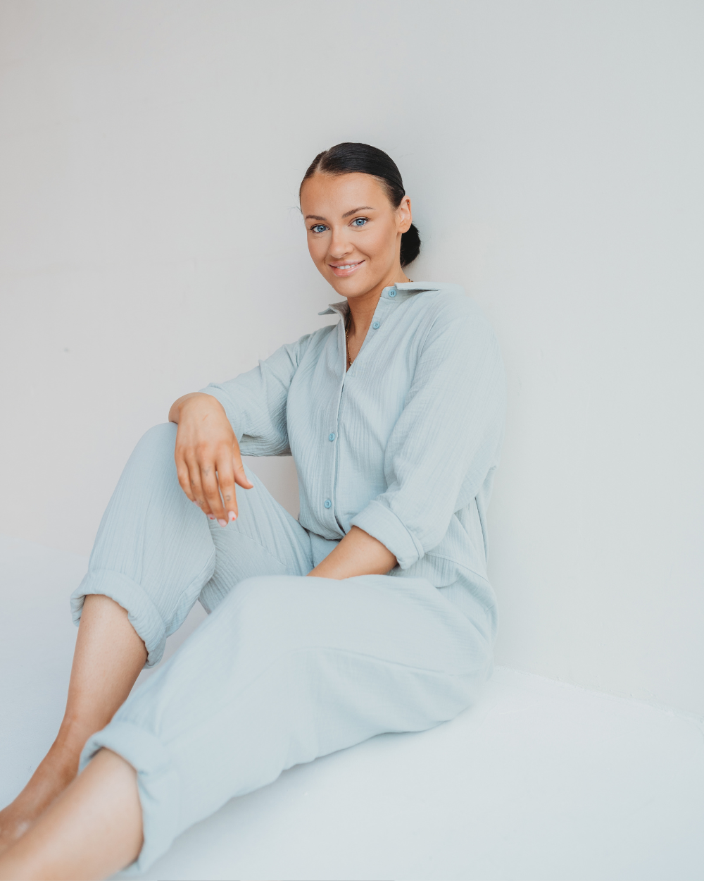 Shana Sky Blue Collared Jumpsuit for wholesale on Faire0