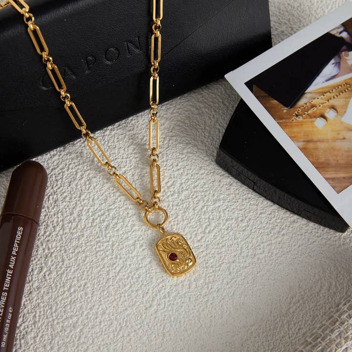 Ruby Stone Rectangle Gold Pendant - Necklace or Bracelet for wholesale by Misgraceful