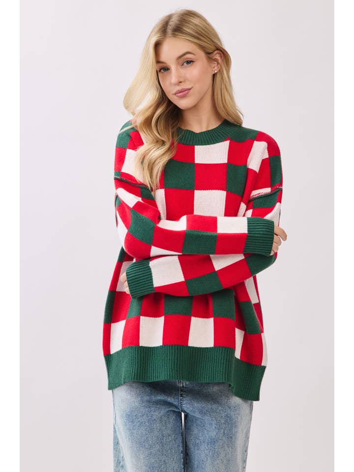RED COMBO Oversized Checkered Christmas Sweater for wholesale on Faire1