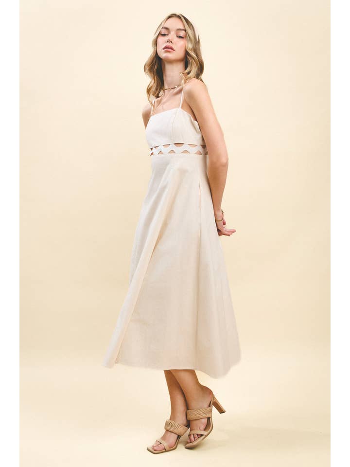 Ivory CD05618-Square Neckline Ric Rac Detail Midi Dress for wholesale on Faire