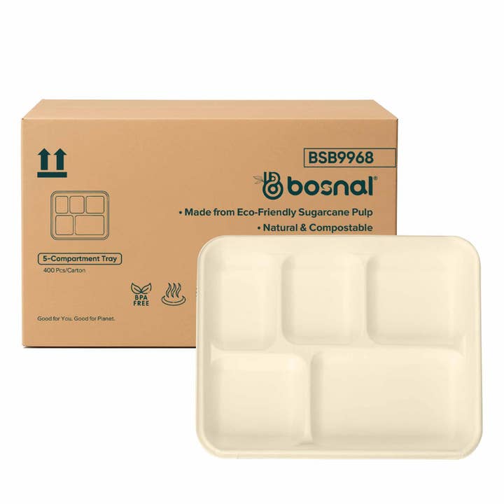 Bosnal Bagasse 5-Compartment Food Trays, Case of 16(400 Pcs) for wholesale by Bosnal
