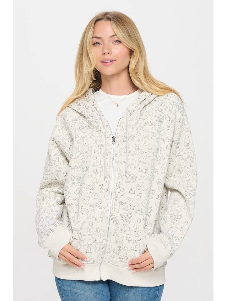 SM WARDROBE - Wholesale Hoodie - Women's - DOG BREED PRINT ZIP UP HOODIE