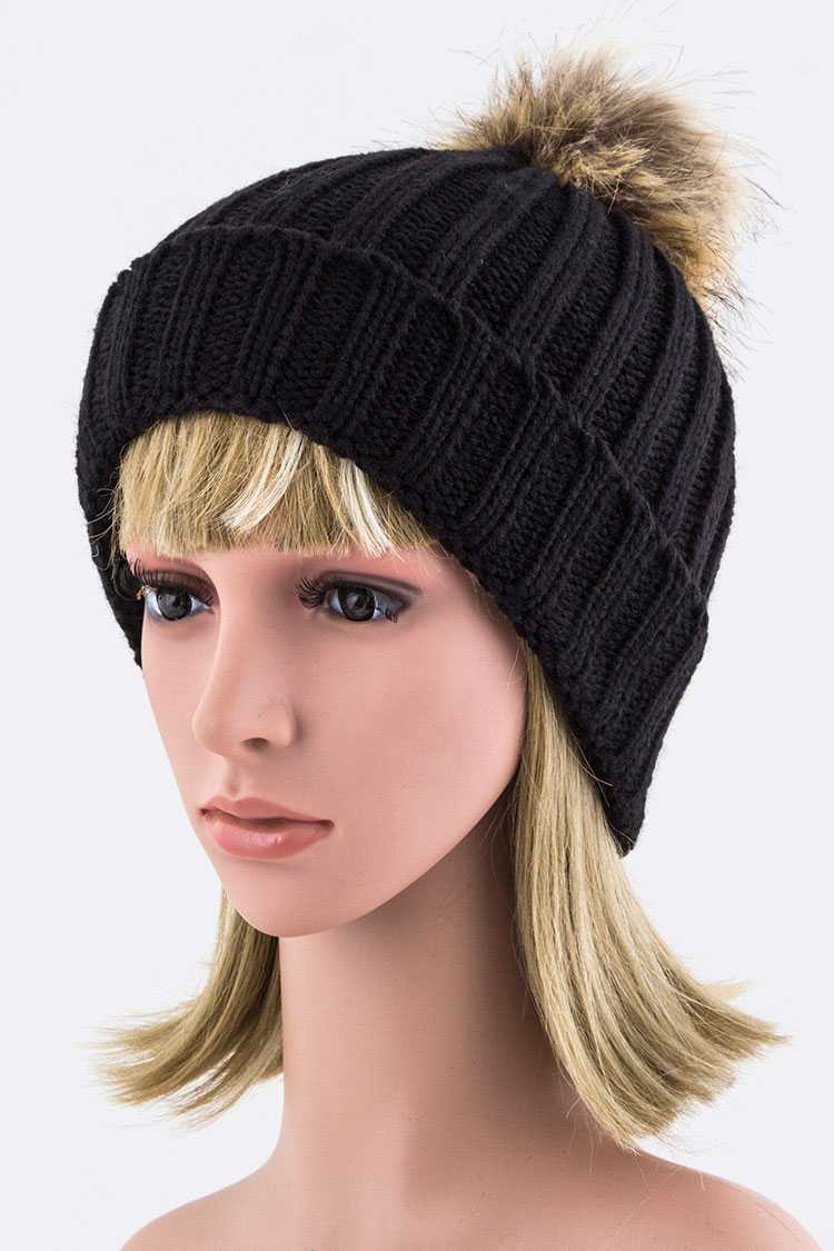 LA Jewelry Plaza - Vente Bonnet – femme - Bonnet tendance à pompon en fourrure amovible1