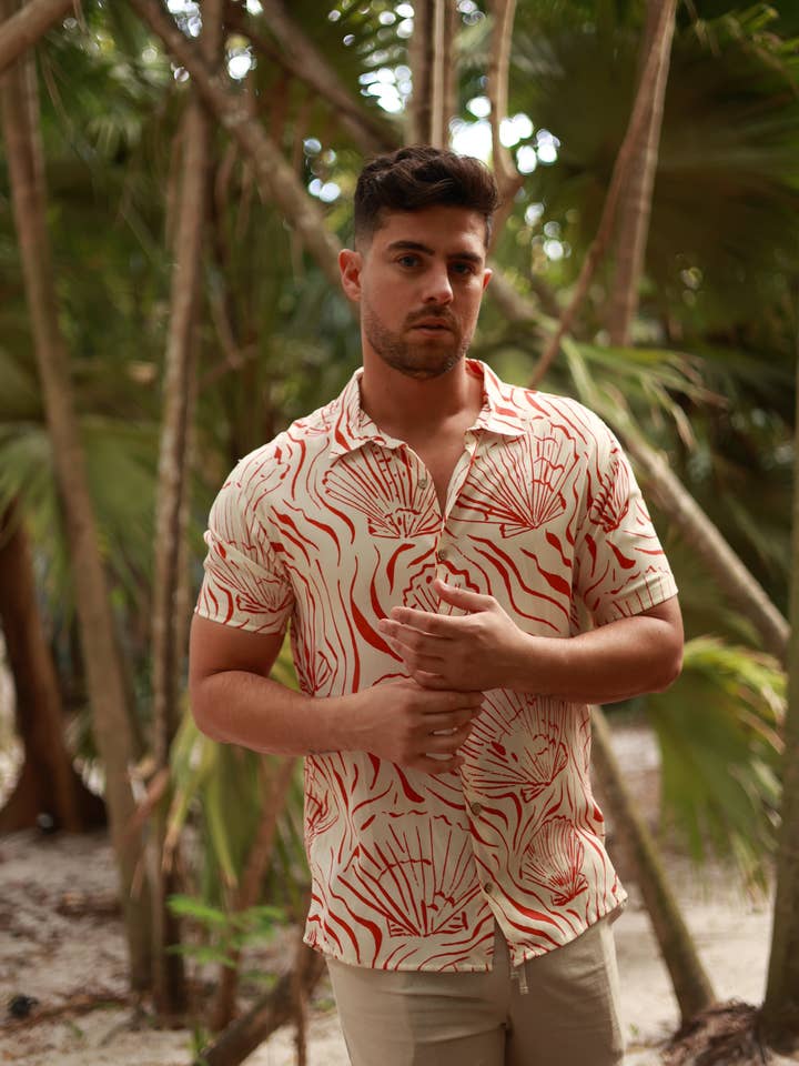 RED MENS BUTTON DOWN PRINTED VISCOSE SHORT SLEEVE SHIRTS for wholesale by Salty Weekend