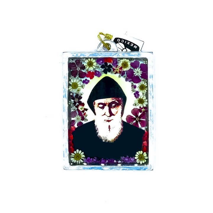Cadre mural St Charbel Makhlouf avec fleurs pressées 4,5 x 3,2 pouces pour la vente par Guadalupe Gifts