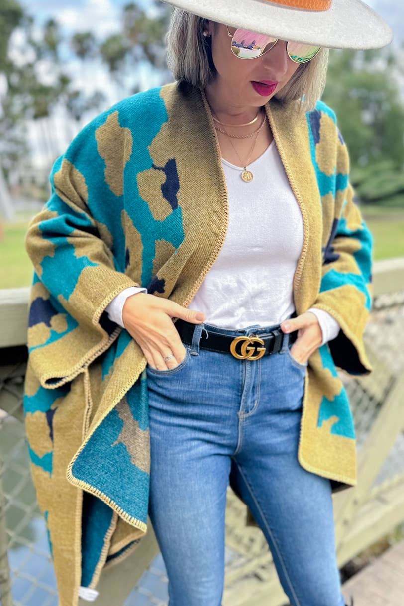 Teal Leopard Printed Knitted Cozy Cardigan for wholesale on Faire2