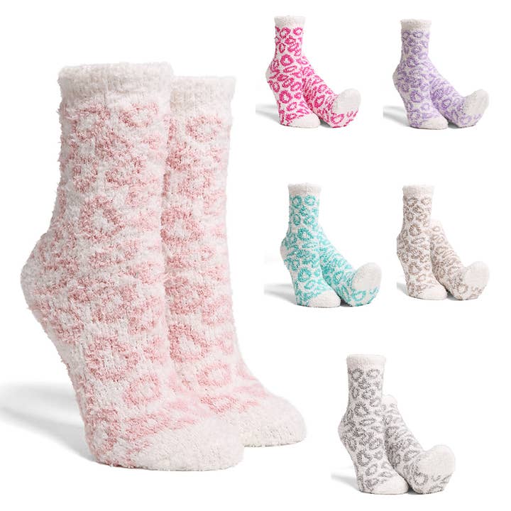 ASSORTED COLORS Leopard Mini Crew Fuzzy Winter Socks for wholesale on Faire