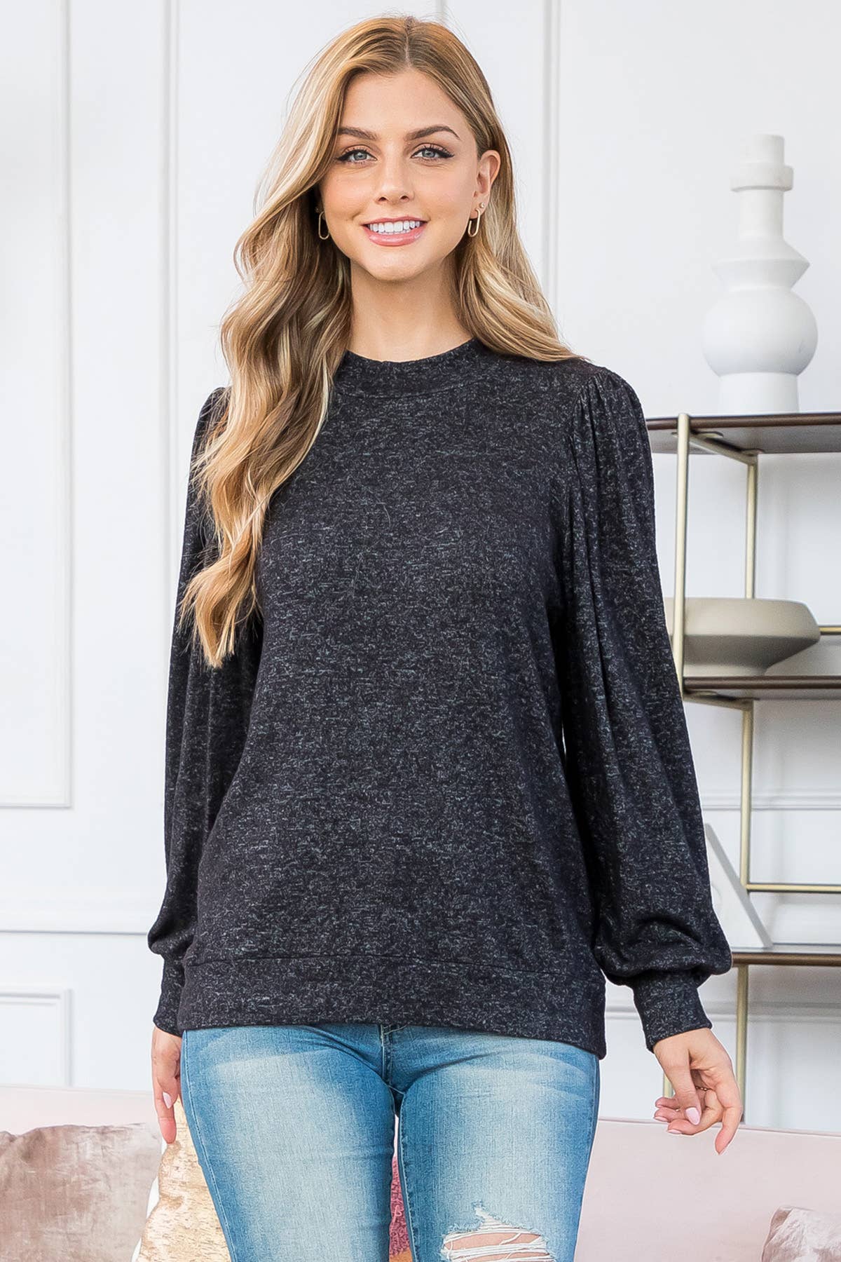 You & Me - Vente Haut en maille – femme - VENTE ! ! ! PPT21143 - HAUT À MANCHES BOUFFANTES À COL ROND - ANTHRACITE3