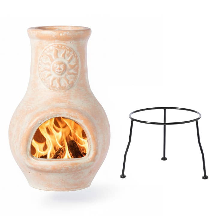 Quickway Imports - Wholesale Fire Pit - Outdoor Clay Chiminea Sun Design Charcoal Burning Fire Pit
